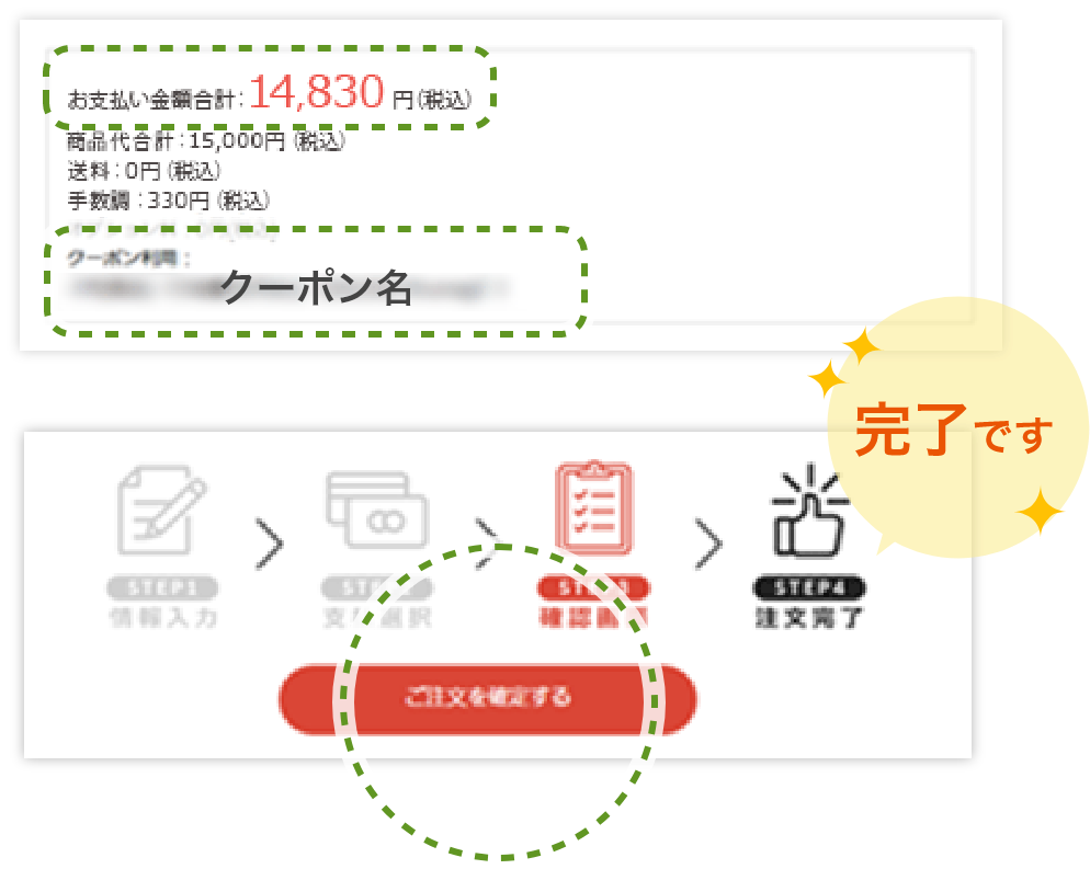 必ずご注文確定前に、お支払い金額とクーポンが適用されているか※4ご確認の上「ご注文を確定する」をクリックしてください。